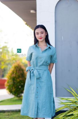 Đầm sơ mi tay ngắn xanh vỏ đậu Đầm linen